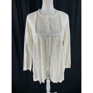Chan Luu‎ L Eyelet Prairie Floral Pleated Blouse Hippie Boho Sheer Cottagecore